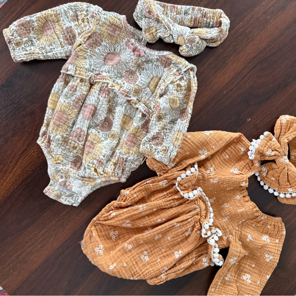 2 boho Rompers Baby Girl 0-3 Months with Matching Bows